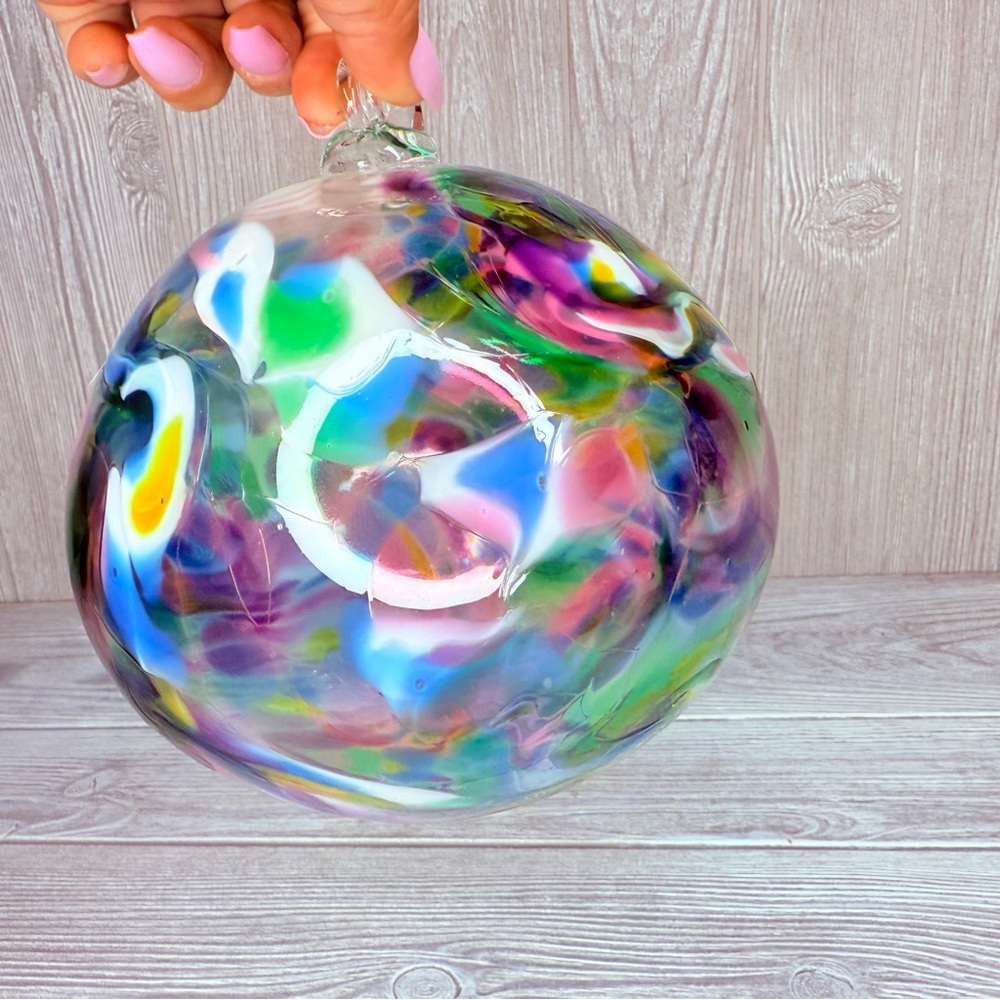 Hand blown 6” glass colorful witch ball sun catcher decoration rainbow marbled
